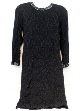 Vtg 80s Para Black Silk Beaded Jacquard Cocktail Dress V-Back Bow Gown Sz 8